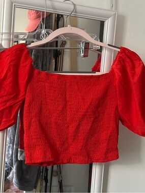 Nordstrom Red Puff Sleeve Smocked Crop Top